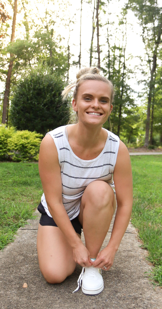 Rachel getting ready to start a run, healthy lifestyle